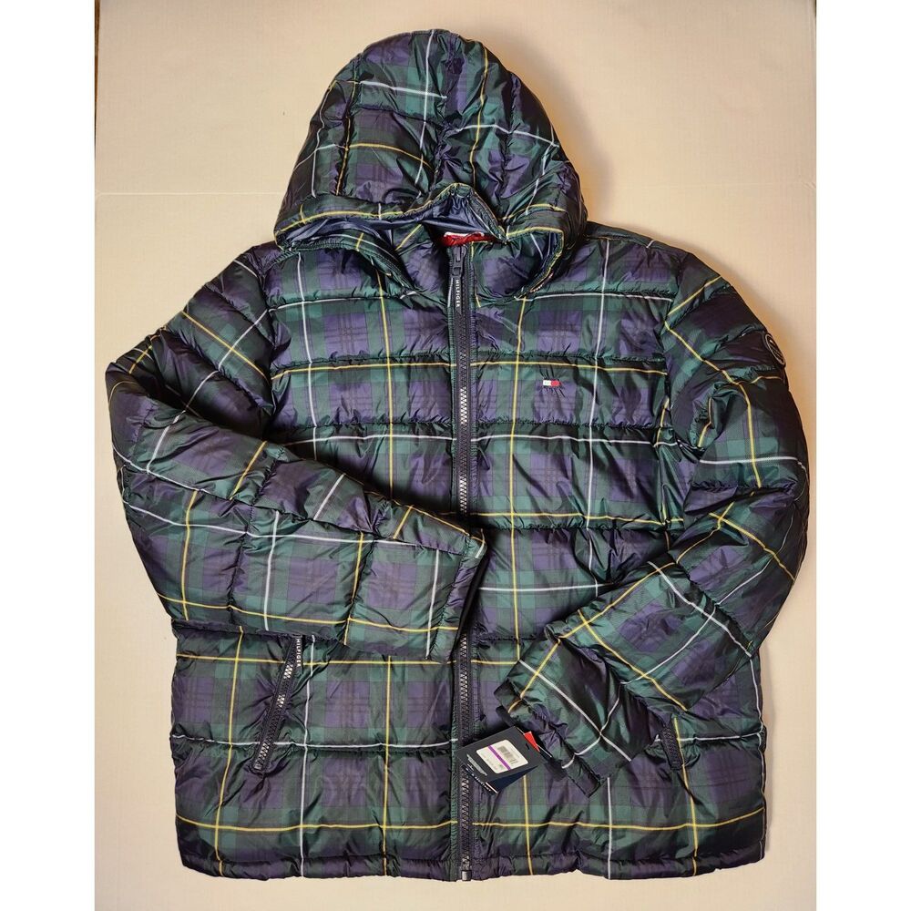 Tommy Hilfiger Quilted Hooded Puffer Jacket Navy Plaid 2XL XXL